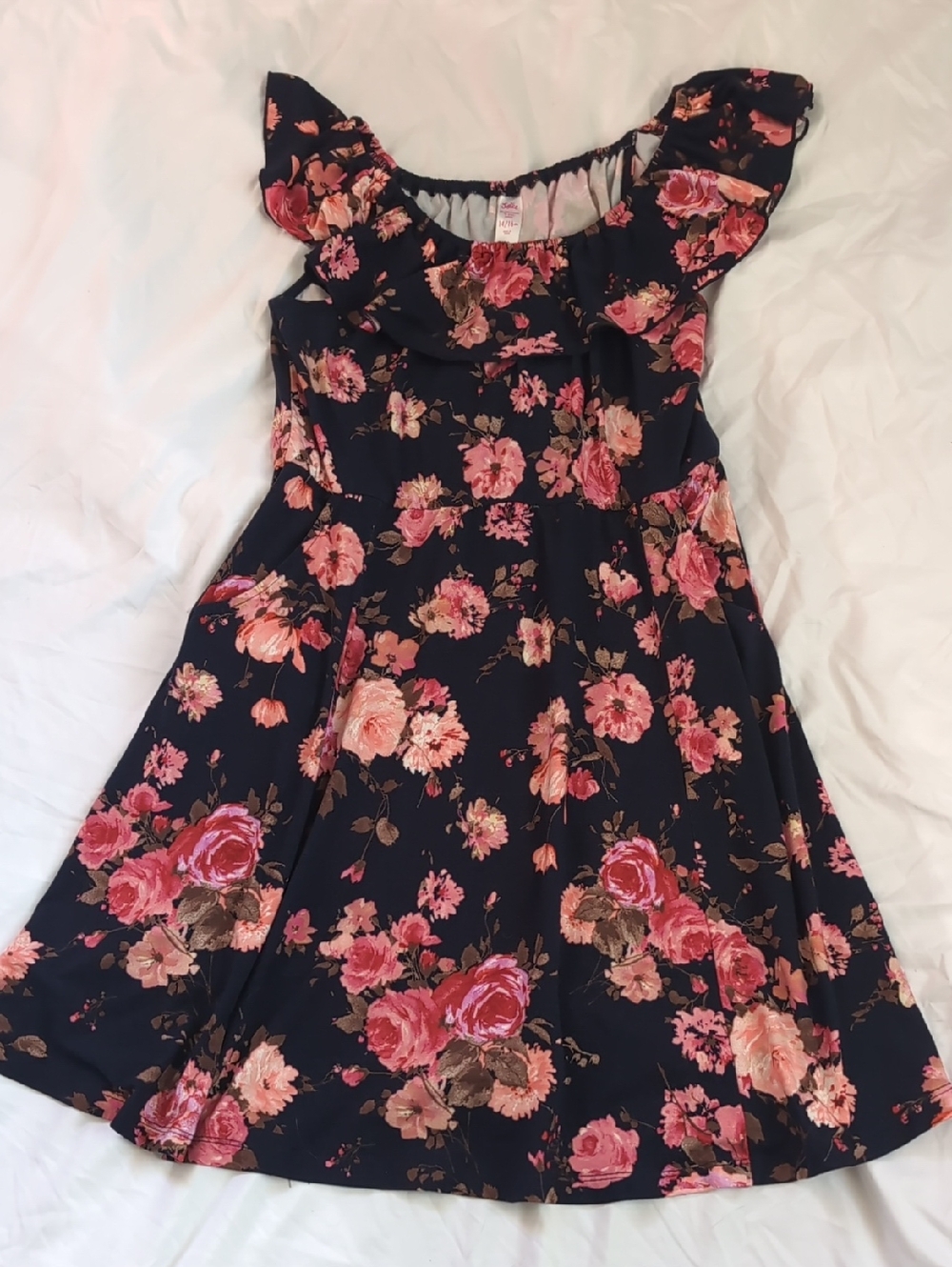 Justice Navy Floral Ruffle Dress with Pink Roses